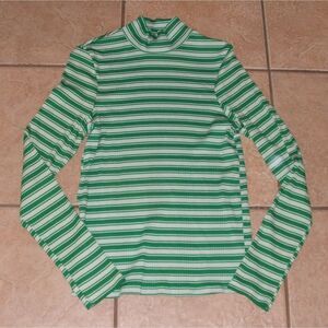 PINK VICTORIA'S SECRET Green Striped Jr Sz Large Stretchy Mock Neck Fitted Shirt